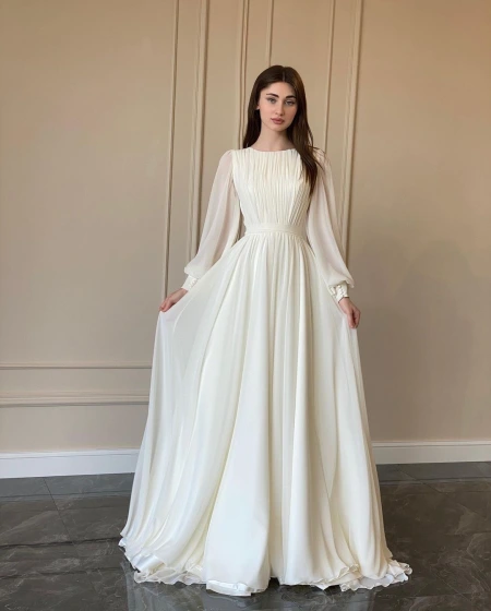 2023 autumn European and American fashion lantern pearlescent gauze white wedding dress round neck dress 2023 autumn European and American fashion lantern pearlescent gauze white wedding dress round neck dress